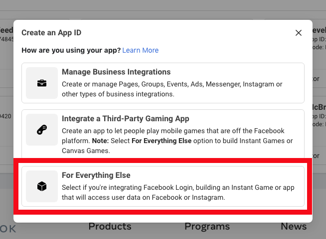 Facebook for Developers create new app ID modal.