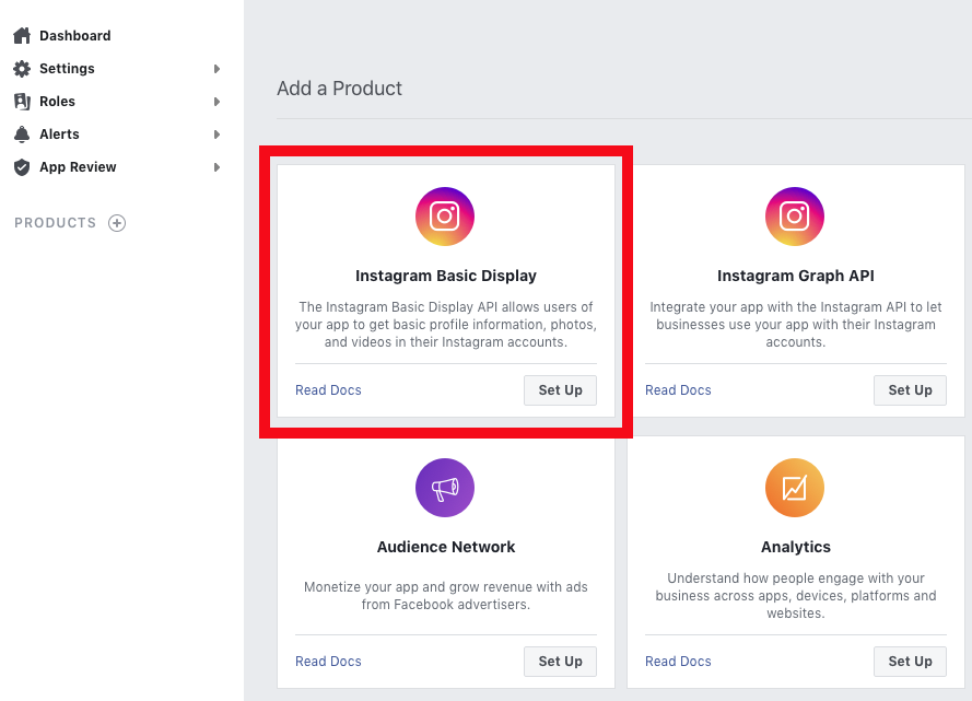 Facebook for Developers product grid.