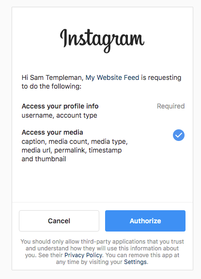 Instagram tester user authorization.